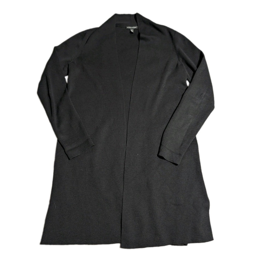 Eileen Fisher Cardigan Womens XS Black 100% Wool Long Open Front Duster Sweater